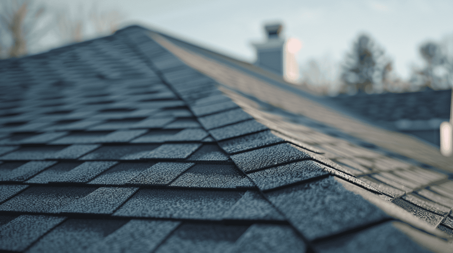 Various roofing materials displayed against a residential neighborhood.